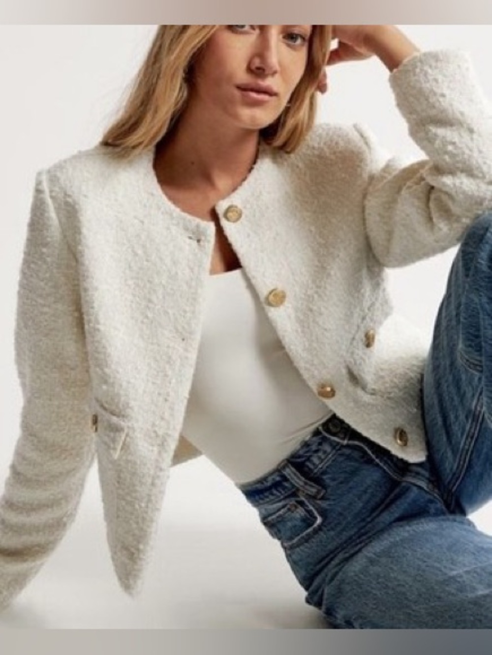 Abercrombie & Fitch Cream Collarless Tweed Jacket